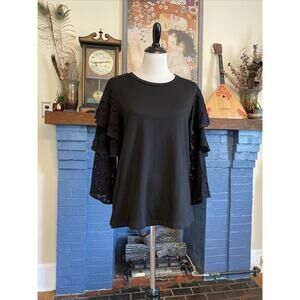 Pleione S Anthropologie Black Lace Ruffle Bell Sleeves Top Blouse Shirt Career S